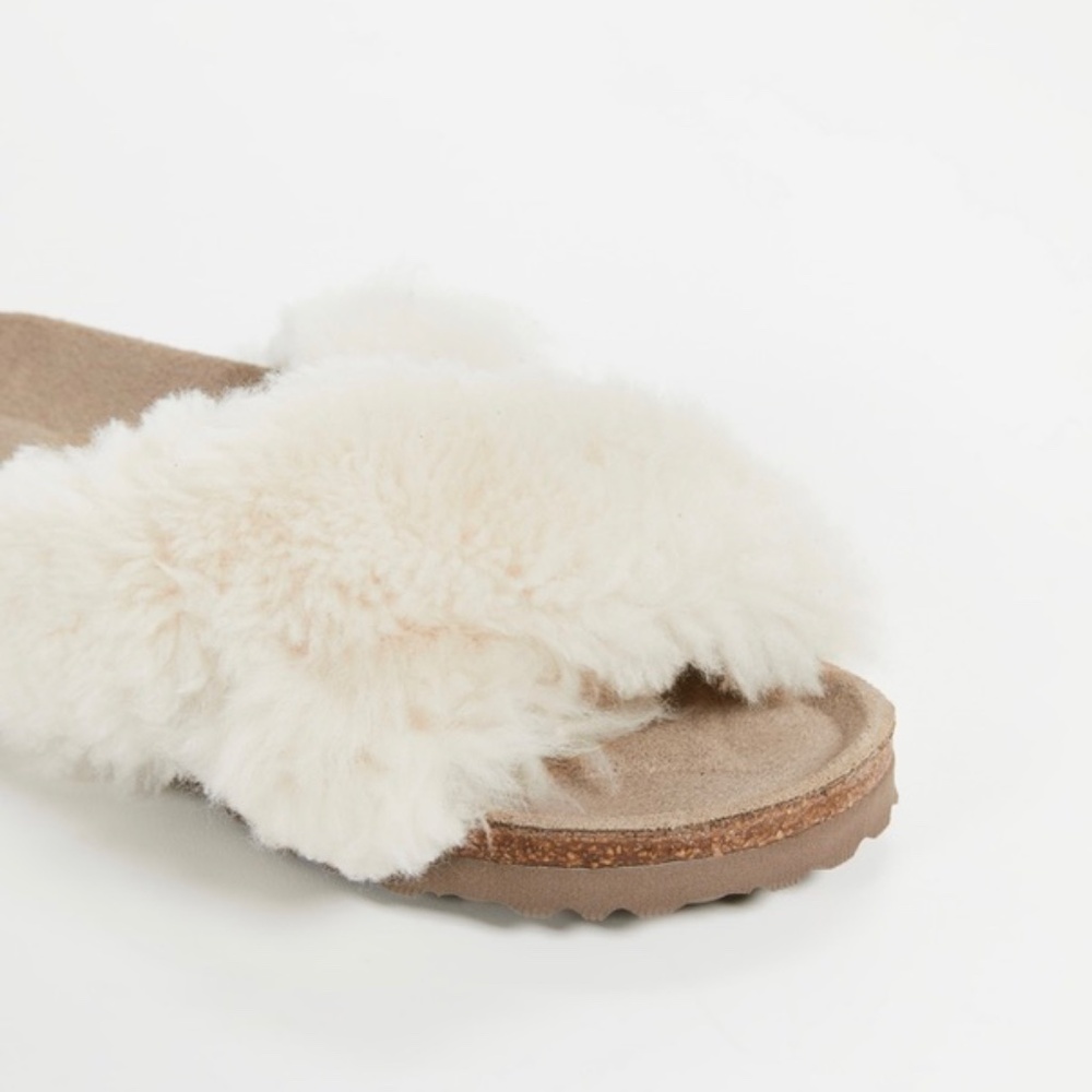 Papillio Cream Shearling Crossover Slide Sandals - Picture 14 of 16